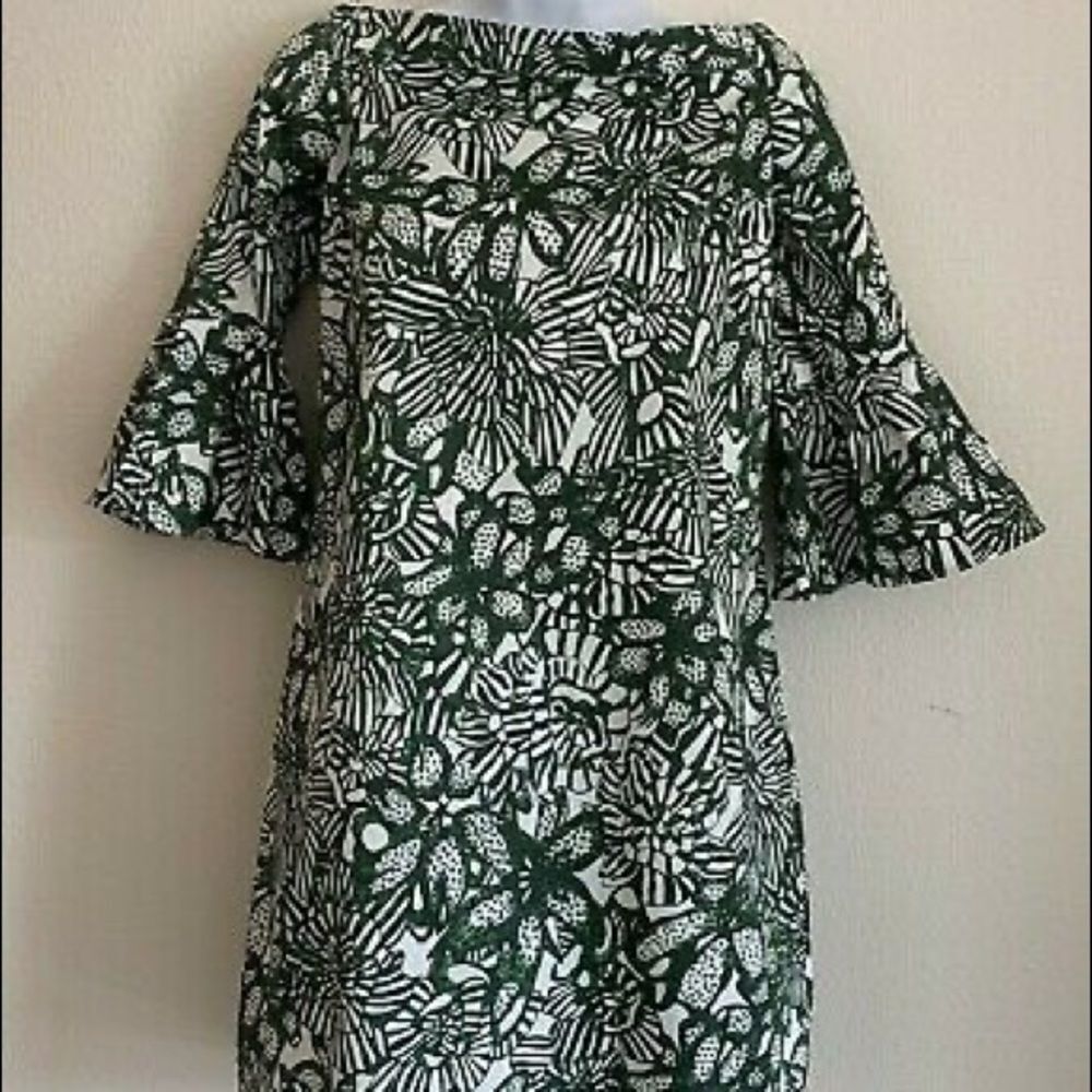 H & M off the shoulder green tropical print dress